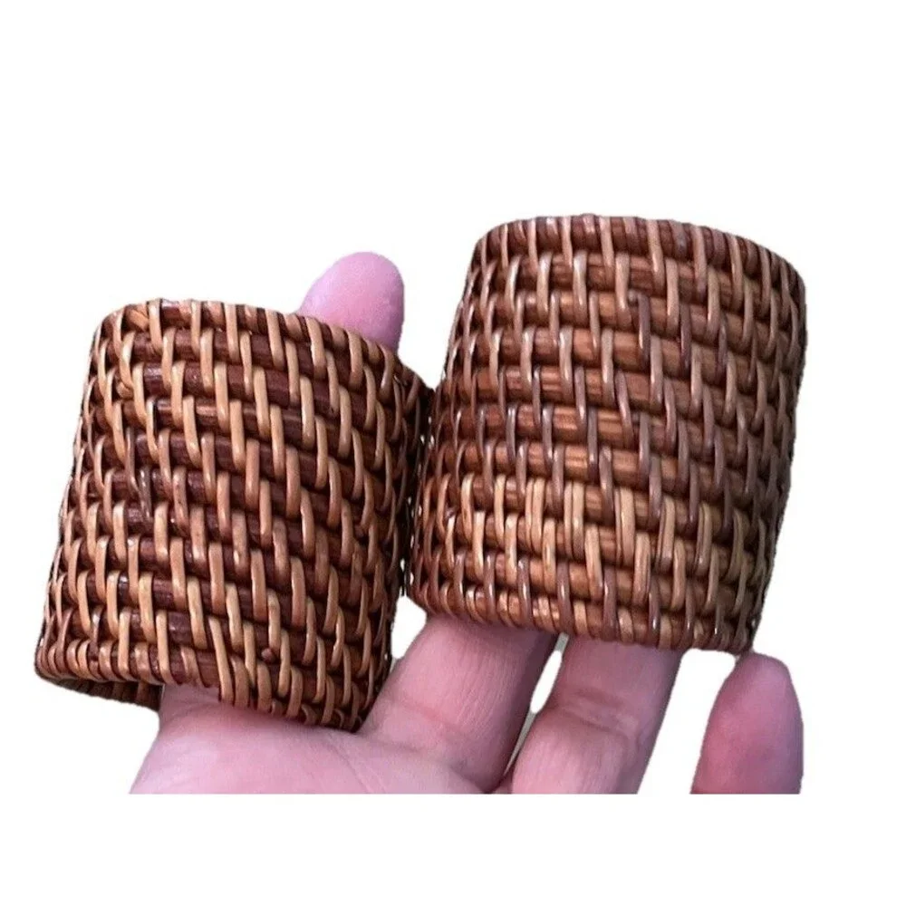 Set of 2 Rattan Napkin Rings Round Woven Table Decor Wide 2